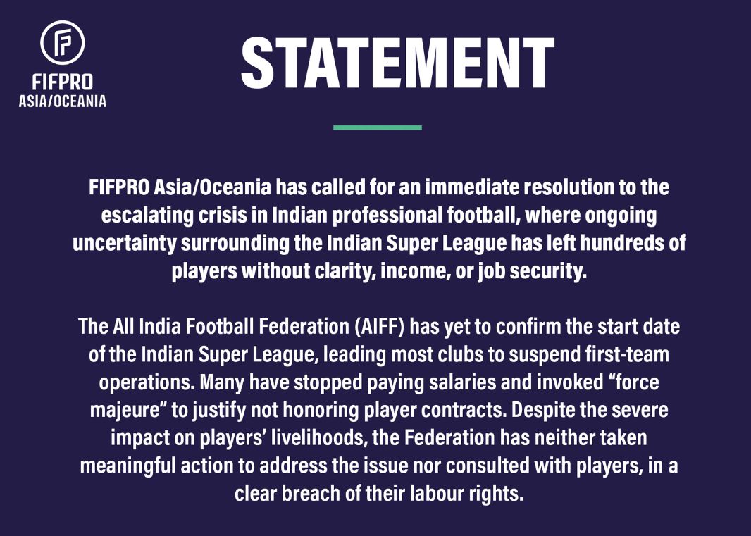 FIFPRO發聲明敦促國際足總介入，解決印度足球危機